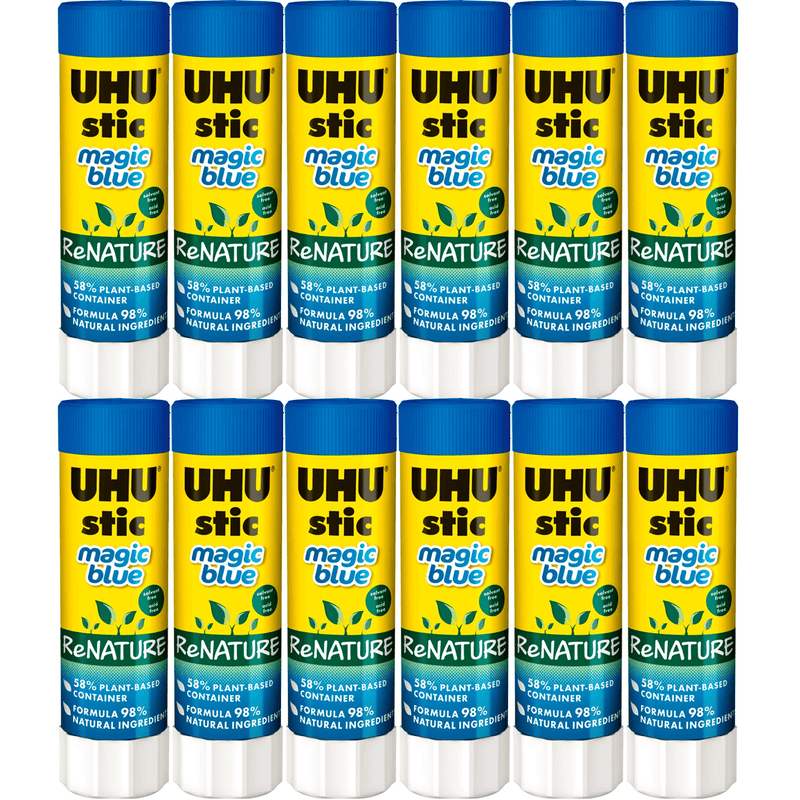 12 Pack UHU ReNature Glue Stick Magic Blue 40G Sticks Plant Based Bulk 33-00005 - SuperOffice