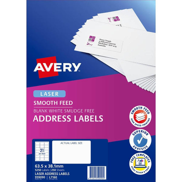 4 Packs Avery 959090 L7160 Address Labels Smooth Feed Laser 21/Sheet White 250 Sheets 959090 (4 Packs) - SuperOffice