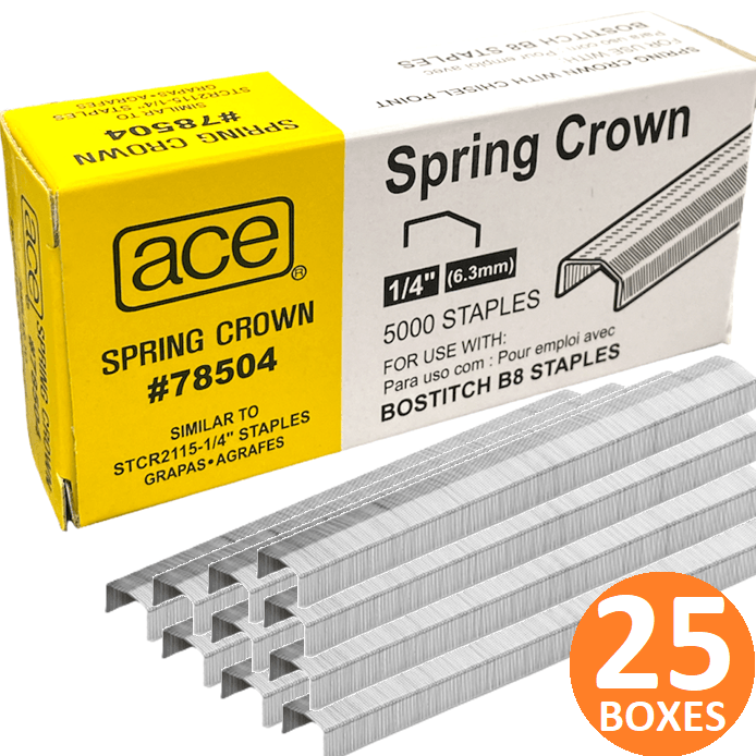 25 Pack ACE 78504 Spring Crown Galvanised B8 1/4" 6mm Staples Box 5000 STCR2115 78504 (Carton 25) - SuperOffice