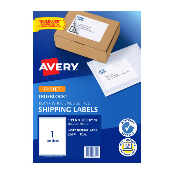 4 Packs Avery 936035 J8167 Trueblock Shipping Labels Inkjet 1/Page A4 White 50 Sheets 936035 (4 Packs) - SuperOffice