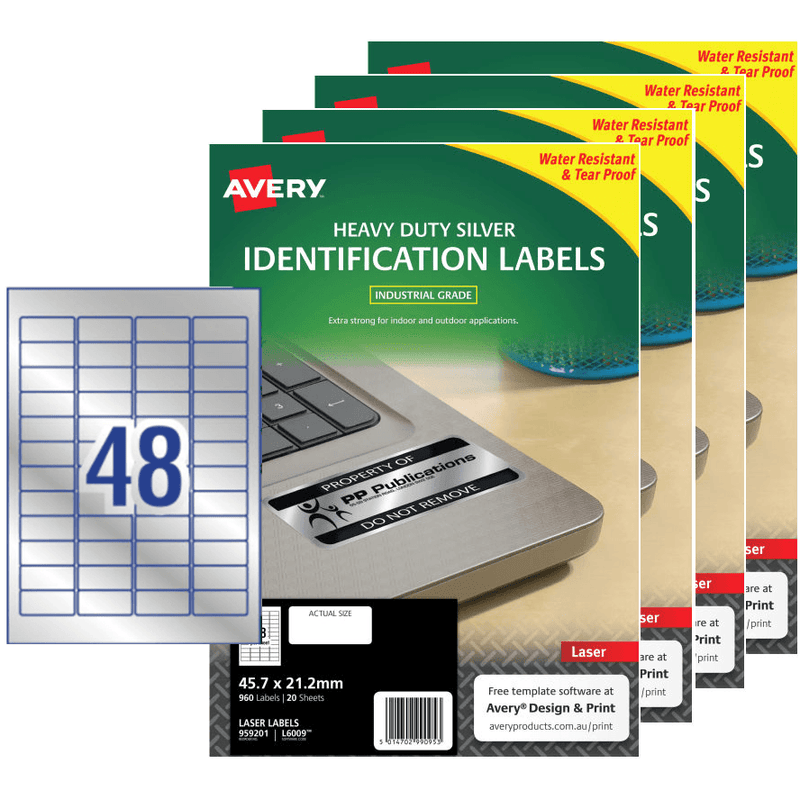 4 Packs Avery 959201 L6009 Heavy Duty Laser Labels Silver 48/Page 20 Sheets 959201 (4 Packs) - SuperOffice