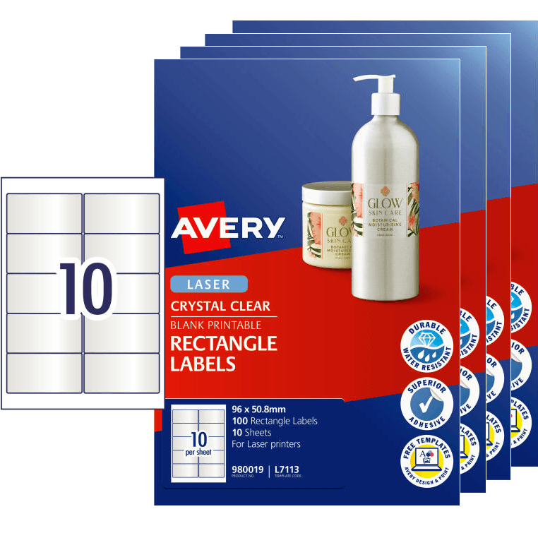 4 Packs Avery 980019 L7113 Crystal Clear Rectangle Labels 10/Page Pack 10 Sheets 980019 (4 Packs) - SuperOffice