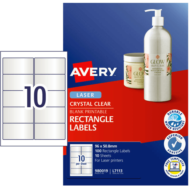 4 Packs Avery 980019 L7113 Crystal Clear Rectangle Labels 10/Page Pack 10 Sheets 980019 (4 Packs) - SuperOffice