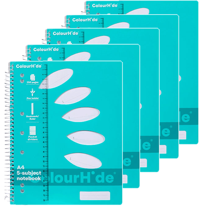 5 Pack Colourhide 5-Subject Notebook 250 Page A4 Aqua 1719632J (5 Pack) - SuperOffice