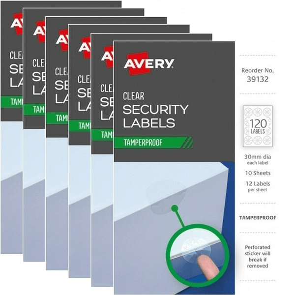 6 Pack Avery Clear Security Round Circle TamperProof Labels 30mm 120 Labels/Pack A6 39132 (6 Pack) - SuperOffice