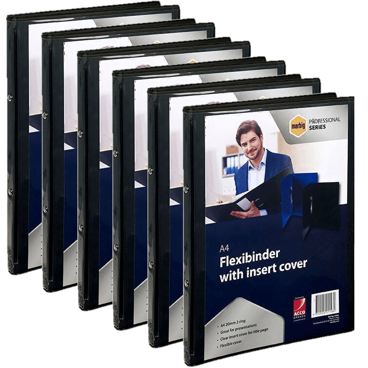 6 Pack Marbig Flexibinder 2 Ring 20mm A4 Clear Cover Black Folder BULK 47483 (6 Pack) - SuperOffice