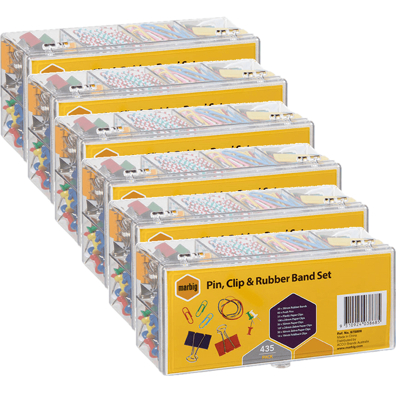 6 Pack Marbig Stationery Pins Clips Rubber Bands Set Pack 435 Pieces 975806 (6 Pack) - SuperOffice