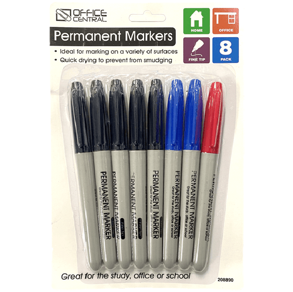 8 Pack Permanent Markers Fine Tip Black Blue Red 208890 - SuperOffice