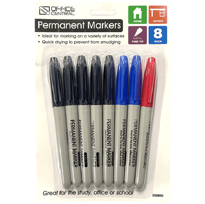 8 Pack Permanent Markers Fine Tip Black Blue Red 208890 - SuperOffice