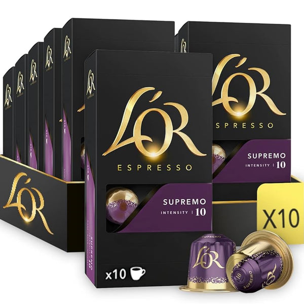 L'Or Espresso Coffee Pods Supremo 10 Intensity Box 100 Nespresso Machines Compatible