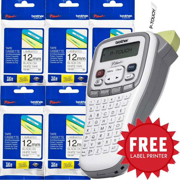 Brother TZE-231 Label Tapes 5 Pack + PT-H105 Portable Label Printer Machine Bundle Set