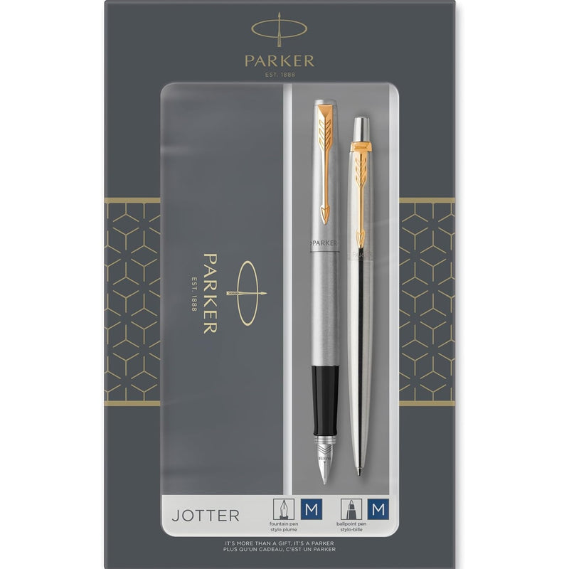 Parker Jotter Fountain Pen Ballpoint Duo Gift Set Stainless Steel Gold Trim