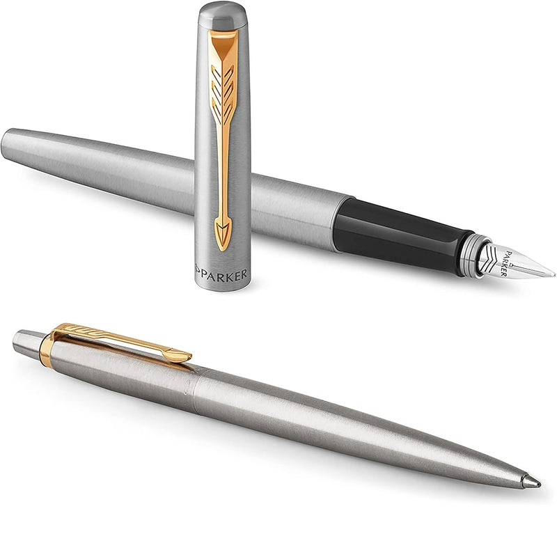 Parker Jotter Fountain Pen Ballpoint Duo Gift Set Stainless Steel Gold Trim