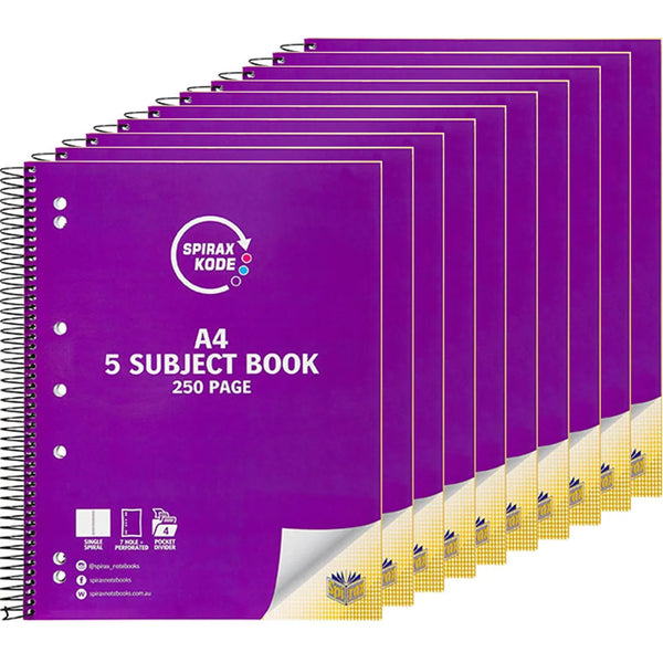 Spirax 960 Kode 5-Subject Notebook Book 250 Page A4 Purple Pack 10