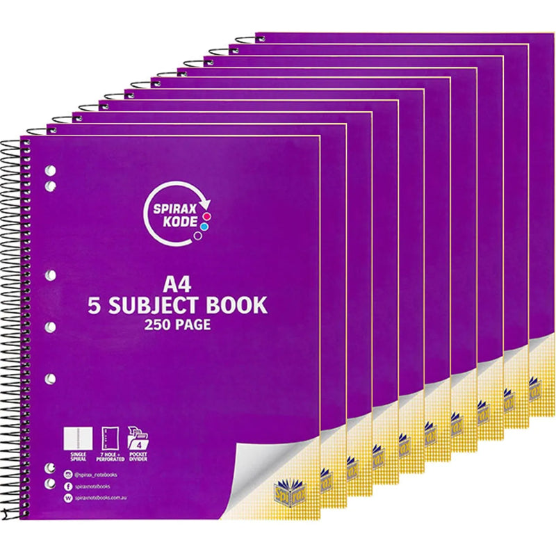 Spirax 960 Kode 5-Subject Notebook Book 250 Page A4 Purple Pack 10