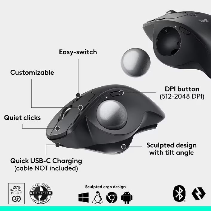 Logitech MX Ergo S Wireless Trackball Mouse Ergonomic Graphite