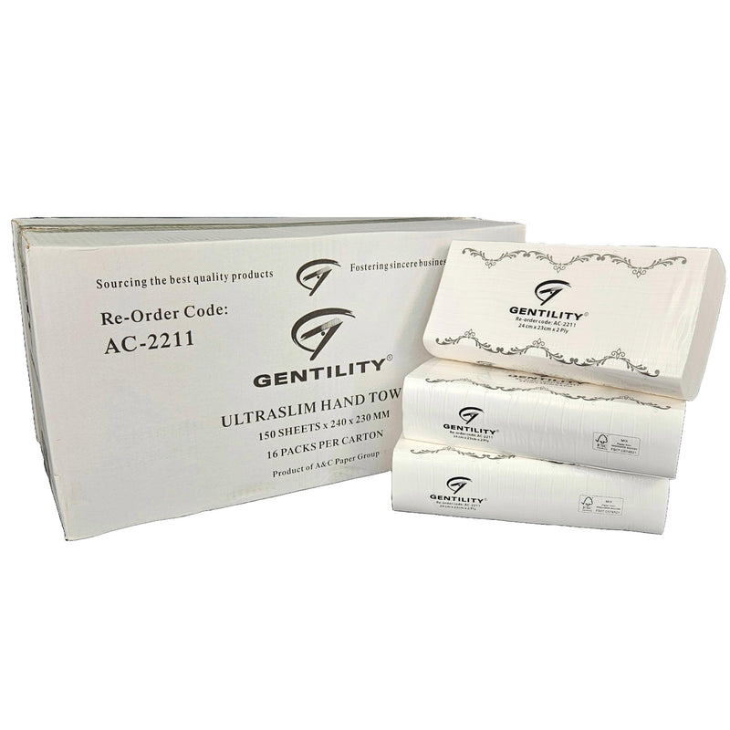 A&C Gentility Ultraslim Hand Paper Towels 23x24cm 2ply 150 Sheets x 16 Packs/Carton AC-2211 AC-2211 - SuperOffice