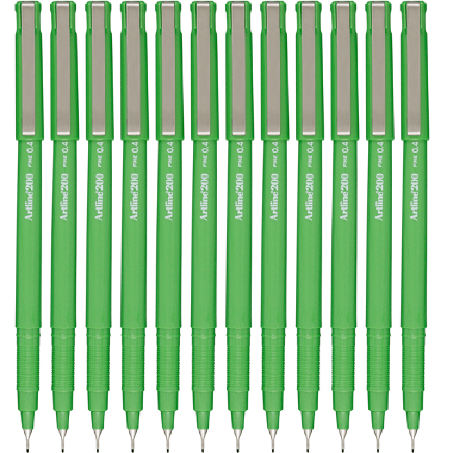 Artline 200 Fineliner Felt Tip Pen 0.4mm Bright Green Box 12 120074 (Box 12) - SuperOffice