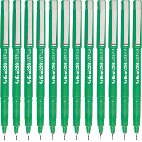 Artline 220 Fineline Pen 0.2mm Extra Fine Green Box 12 122004 (Box 12) - SuperOffice