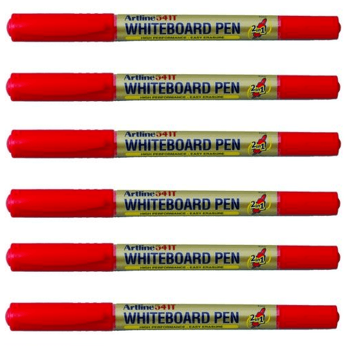 Artline 541T Dual Nib Fine Whiteboard Marker 0.4Mm/1Mm Bullet Red 6 Pack 154162 (6 Pack) - SuperOffice