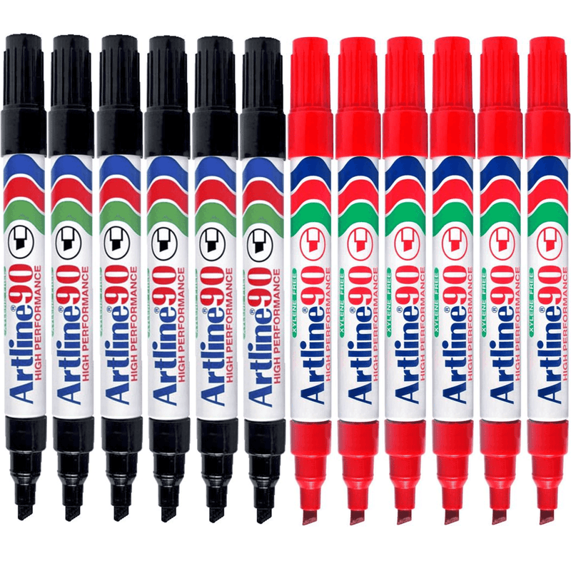 Artline 90 Permanent Marker Chisel Tip 2-5mm Black Red Pack 12 Artline (6 Black 6 Red) - SuperOffice