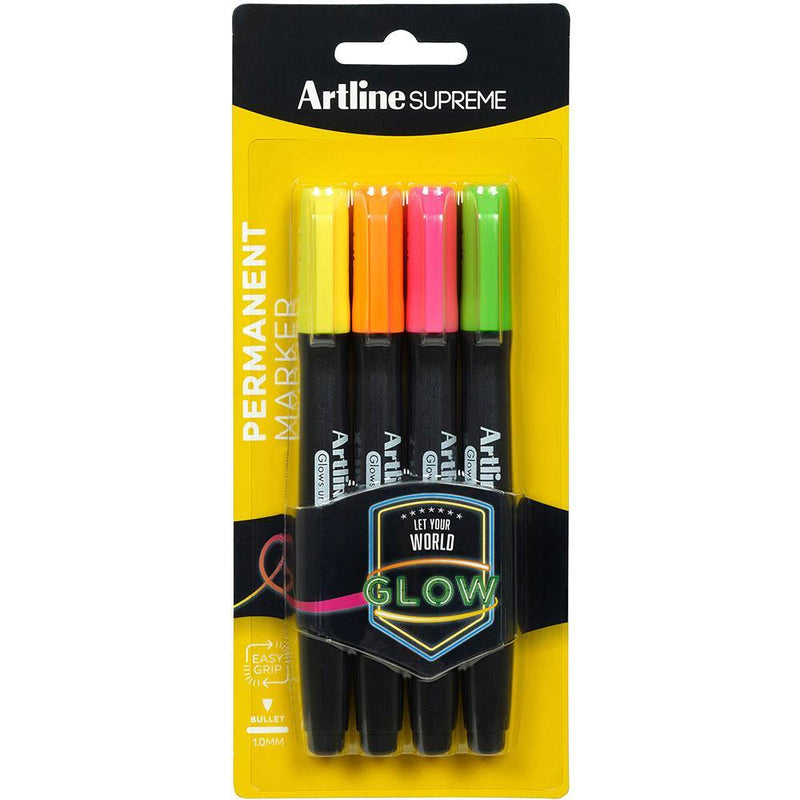 Artline Supreme Glow Marker Assorted Pack 4 107151 - SuperOffice