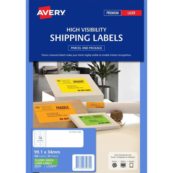 Avery 35932 L7162Fg Laser Labels 16Up Fluorescent Green Pack 25 35932 - SuperOffice