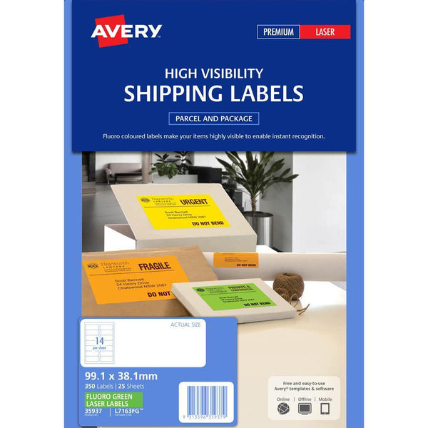 Avery 35937 L7163Fg High Visibility Shipping Label Laser 14Up Fluoro Green Pack 25 35937 - SuperOffice