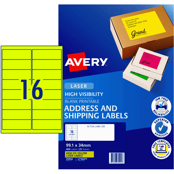 Avery 35942 L7162Fy Laser Label 16Up Fluorescent Yellow Pack 25 35942 - SuperOffice