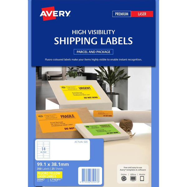 Avery 35947 L7163FY High Visibility Shipping Label Laser 14UP Fluoro Yellow Pack 25 35947 - SuperOffice