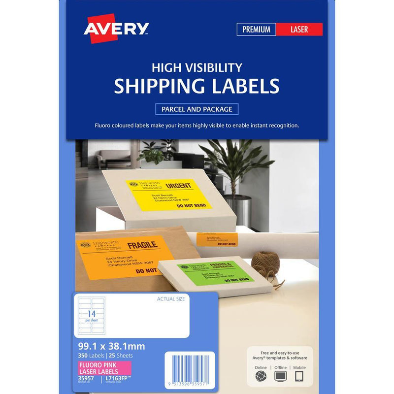 Avery 35957 L7163Fp High Visibility Shipping Label Laser 14Up Fluoro Pink Pack 25 35957 - SuperOffice