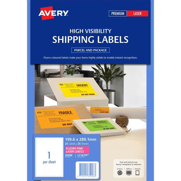 Avery 35998 L7167Fp Laser Labels 1Up Fluorescent Pink Pack 25 35998 - SuperOffice