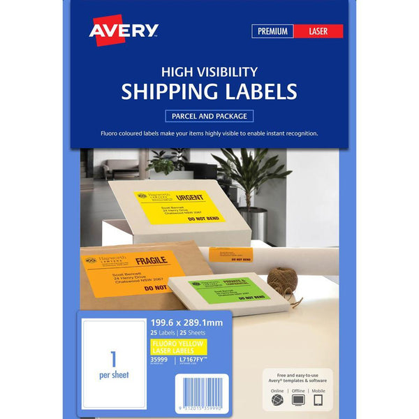 Avery 35999 L7167Fy Laser Shipping Label 1Up Fluorescent Yellow Pack 25 35999 - SuperOffice