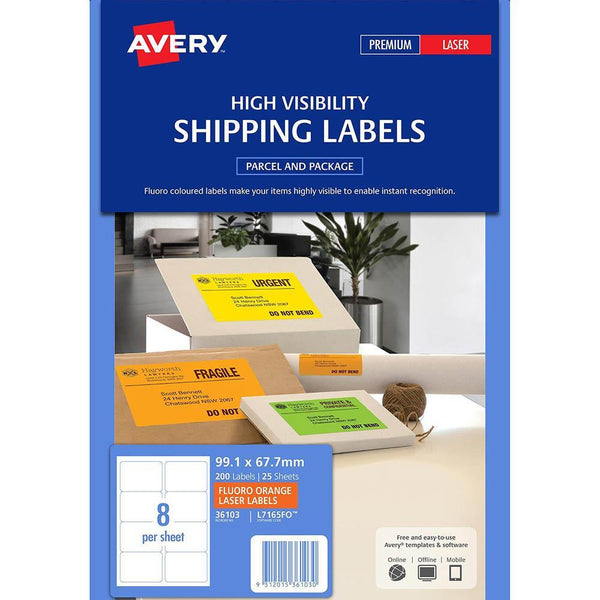 Avery 36103 L7165Fo Shipping Label 8Up 99.1 X 67.7Mm Fluoro Orange Box 25 36103 - SuperOffice