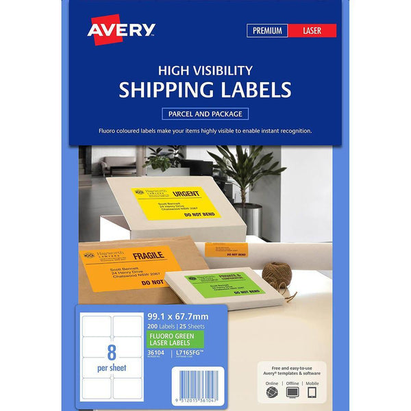 Avery 36104 L7165Fg Shipping Label 8Up 99.1 X 67.7Mm Fluoro Green Box 25 36104 - SuperOffice