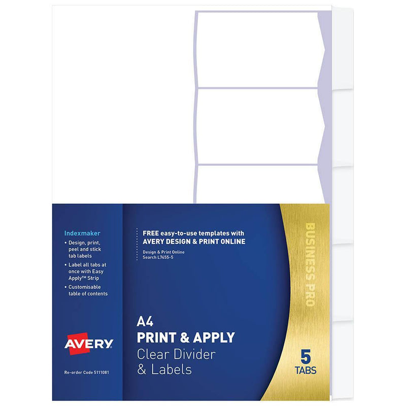 Avery 5111081 L7455-5 Divider Print & Apply 5-Tab Clear 5111081 - SuperOffice