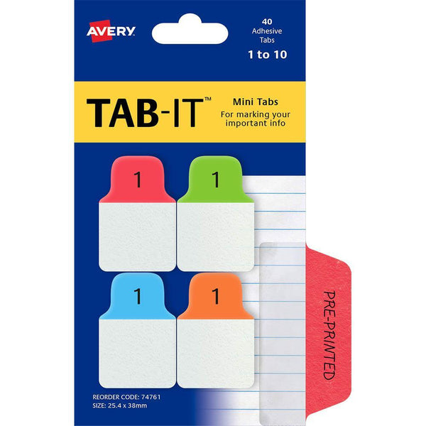 Avery 74761 Mini Tabs Num 1-10 25.4 X 38Mm Primary Pack 40 74761 - SuperOffice