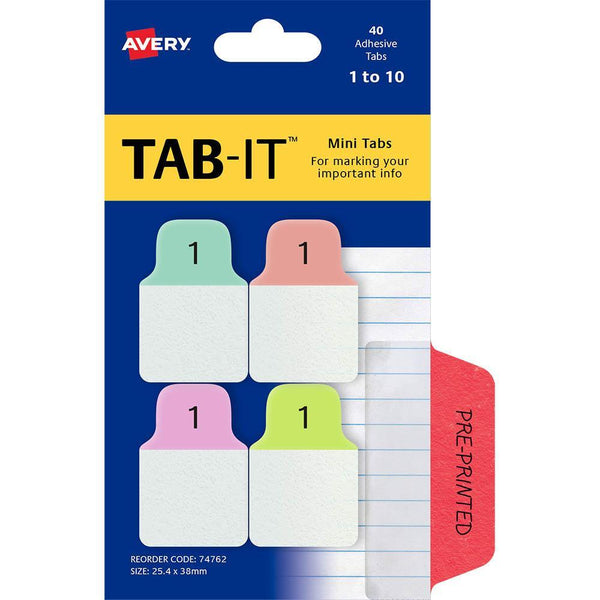 Avery 74762 Mini Tabs Num 1-10 25.4 X 38Mm Pastel Pack 40 74762 - SuperOffice