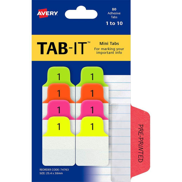 Avery 74763 Mini Tabs Num 1-10 25.4 X 38Mm Neon Pack 80 74763 - SuperOffice