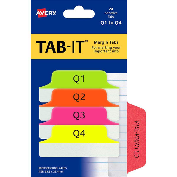 Avery 74765 Margin Tabs Q1-Q4 63.5 X 25.4Mm Neon Pack 24 74765 - SuperOffice