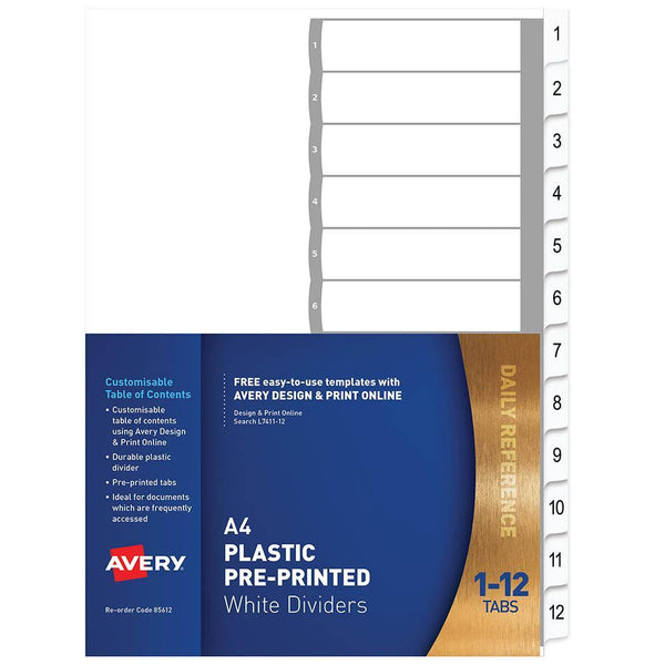 Avery 85612 L7411-12 Divider 1-12 Index Tab A4 White 85612 - SuperOffice