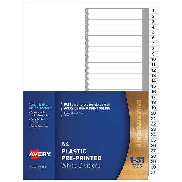 Avery 85631 L7411-31 Divider 1-31 Index Tab A4 White 85631 - SuperOffice
