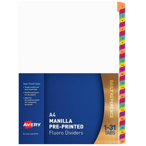 Avery 85753 Divider Plastic 1-31 Tab A4 Fluorescent Multi Colours 85753 - SuperOffice