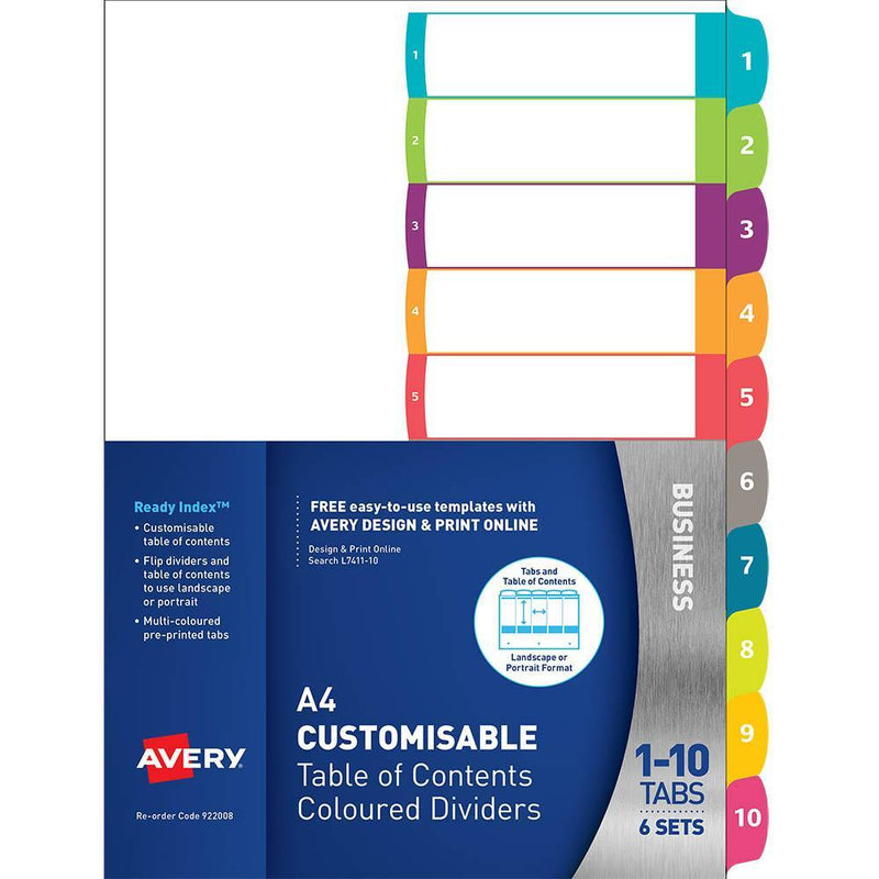 Avery 922008 L7411-10 Customisable Table Of Contents Dividers 1-10 Tabs Landscape/Portrait Set 6 922008 - SuperOffice