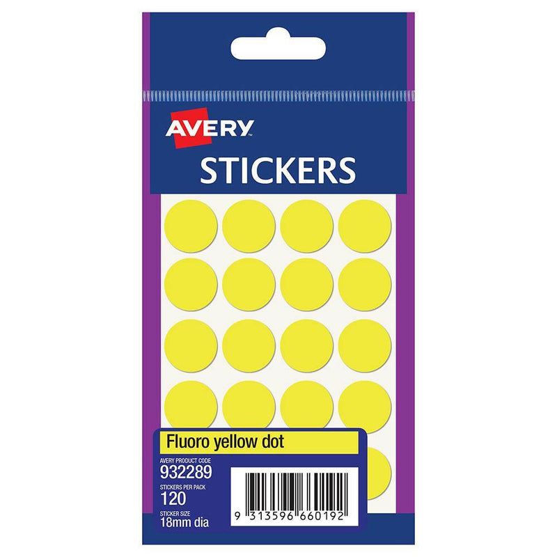 Avery 932289 Multi-Purpose Stickers Circle 18Mm Fluro Yellow Pack 216 932289 - SuperOffice