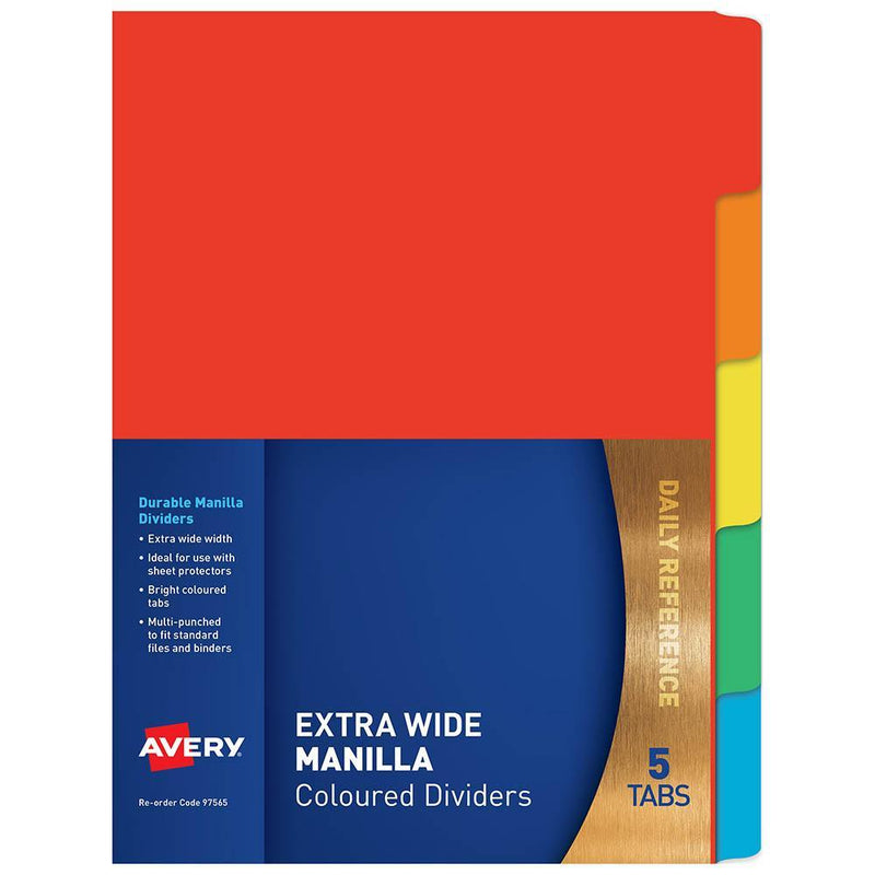 Avery 97565 Divider Manilla Extra Wide 5 Tab A4 Bright Multi Coloured 97565 - SuperOffice