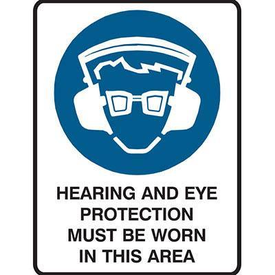 Brady Mandatory Sign Hearing And Eye Protection Must Be Worn In This Area 450x300mm Polypropylene 835013 - SuperOffice