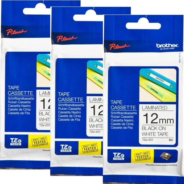 Brother TZE-231 Laminated Labelling Tape 12mm Black On White Cassette 3 Pack TZE231 (3 Pack) - SuperOffice