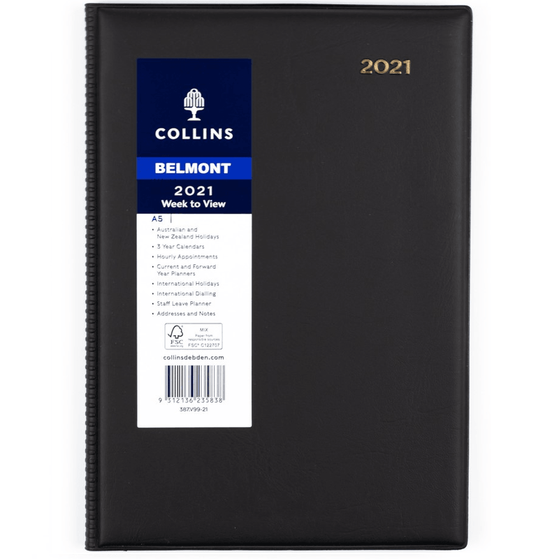 Collins 2021 Belmont Diary Week To View A5 Black 387.V99-21 - SuperOffice