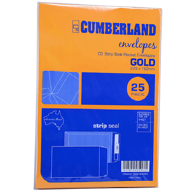 Cumberland C5 Envelopes Pocket Strip Seal 85GSM 162x229mm Gold Pack 25 906323 - SuperOffice